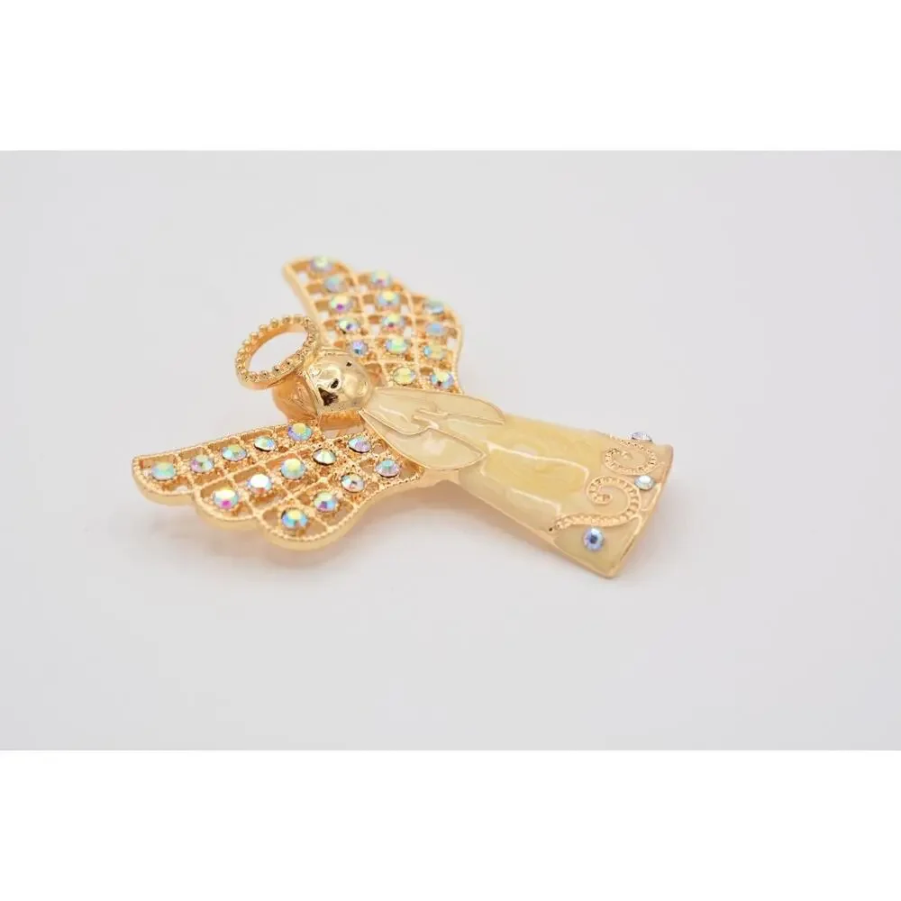 Monet Vintage Crystal Angel Pin Brooch Enamel Gold AB Rhinestone Christmas BinAT
